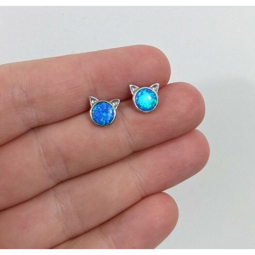 Cat head shaped sterling silver studs earrings kitty synthetic lab opal